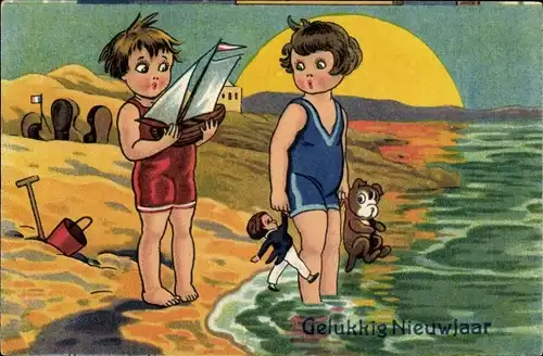 Ak Glückwunsch Neujahr, Am Strand, Puppe, Teddy, Segelboot