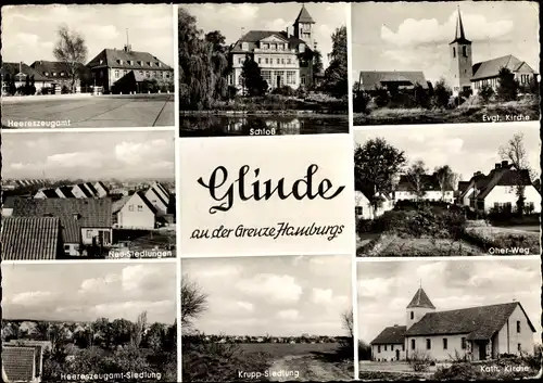 Ak Glinde in Schleswig Holstein, Heereszeugamt, Schloss, Neu Siedlung, Oher Weg, Kirche