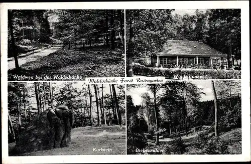 Ak Langenrehm Emsen Rosengarten in Niedersachsen, Waldschänke, Diebeskuhlen, Karlstein