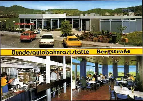 Ak Bensheim an der Bergstraße Hessen, Bundesautobahn Raststätte, Aussen- und Innenansicht