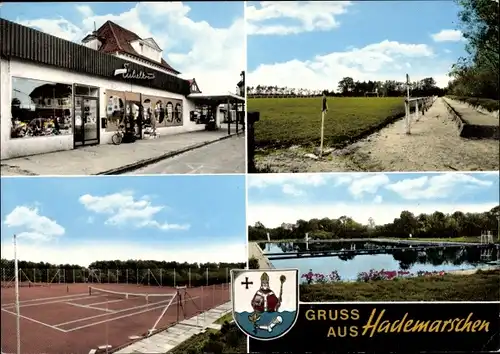 Ak Hademarschen in Holstein, Geschäftshaus, Tennisplatz, Freibad, Sportplatz, Wappen