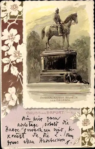 Präge Litho Erfurt in Thüringen, Denkmal Kaiser Wilhelm des Grossen, Blumen