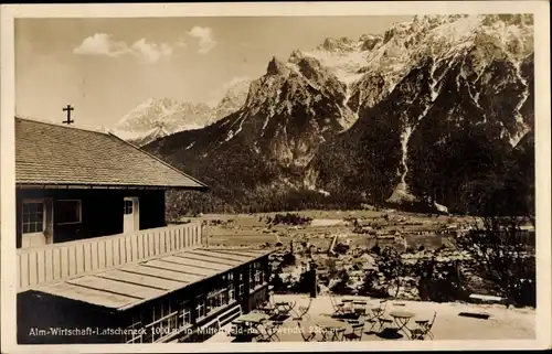 Ak Tirol Österreich, Alm-Wirtschaft-Latscheneck, Mittenwald mit Karwendel