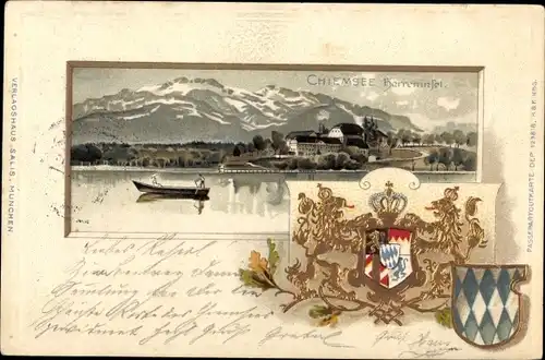 Präge Wappen Litho Herreninsel Gemeinde Chiemsee, Blick zur Insel, Gebirge, Ruderboot