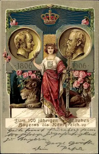 Präge Litho Prinzregent Luitpold von Bayern, 100jh Bestehen Bayerns als Königreich 1906