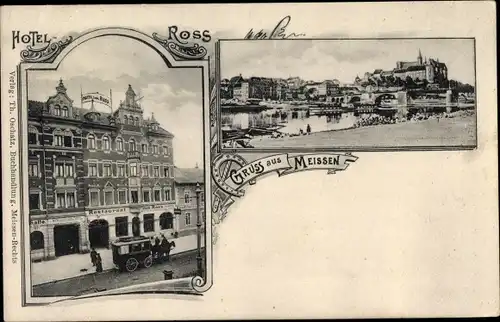 Ak Meißen an der Elbe, Hotel Ross, Kutsche, Blick auf den Ort