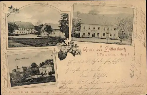 Ak Dittersbach Frauenstein im Erzgebirge, Gasthaus, Schule, Kirche