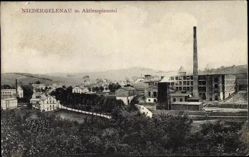 Ak Niedergelenau Gelenau im Erzgebirge, Aktienspinnerei, Blick auf den Ort