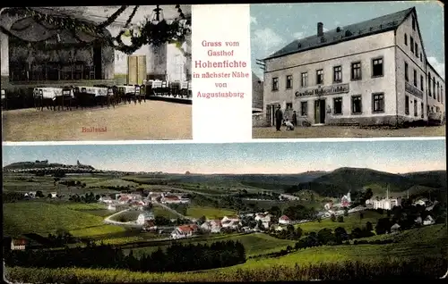 Ak Hohenfichte Leubsdorf in Sachsen, Gasthof Hohenfichte, Innenansicht, Totalansicht der Ortschaft