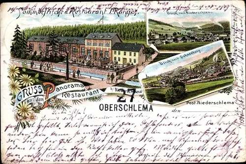 Litho Oberschlema Bad Schlema im Erzgebirge, Restaurant, Blick nach Schneeberg, Niederschlema