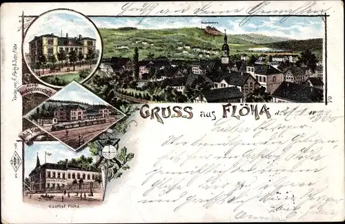 Litho Flöha in Sachsen, Gesamtansicht, Augustusburg, Bahnhof, Gasthof Flöha