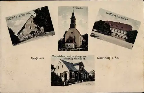 Ak Naundorf Bobritzsch Hilbersdorf im Erzgebirge, Kirche, Gasthaus Erbgericht, Materialwarenhandlung