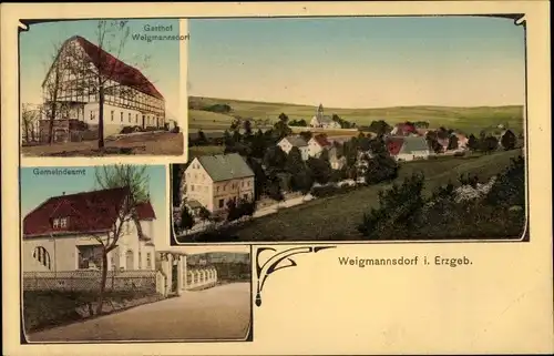 Ak Weigmannsdorf Lichtenberg Erzgebirge, Gasthof, Gemeindeamt, Blick auf den Ort