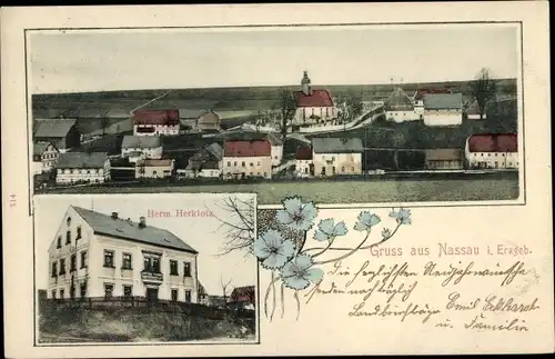 Ak Nassau Frauenstein im Erzgebirge, Wohnhaus Herm. Herklotz, Blick auf den Ort
