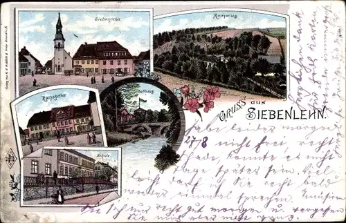 Litho Siebenlehn Großschirma in Sachsen, Romanus, Ratskeller, Schule, Zollhaus