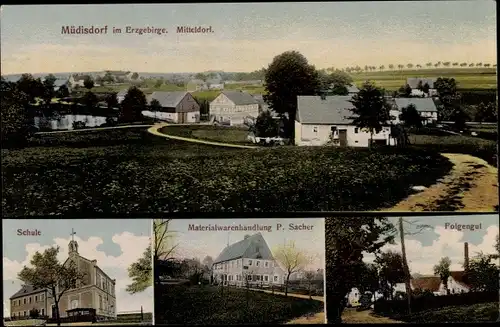 Ak Müdisdorf Lichtenberg Erzgebirge, Mitteldorf, Materialwarenhandlung, Folgengut, Schule