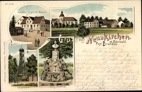 Litho Neunkirchen im Odenwald Modautal, Gasthof zum grünen Baum, Kaiserturm, Denkmal, Kirche