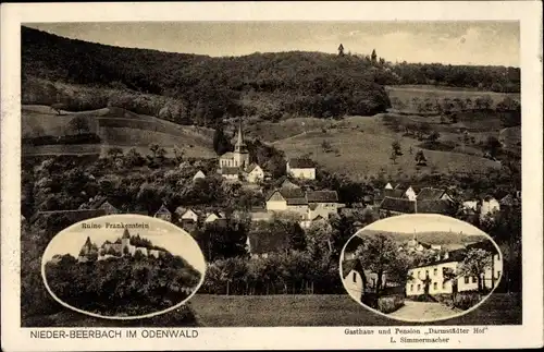 Ak Nieder Beerbach Mühltal im Odenwald, Ruine Frankenstein, Gasthaus Darmstädter Hof, Panorama