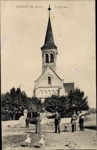 Ak Chacé Maine-et-Loire, Partie an der Kirche, Gänse