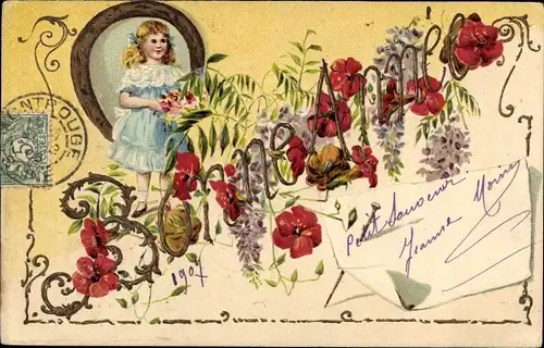 Ak Glückwunsch Neujahr, Mädchen, Blumen, Blumenstrauß