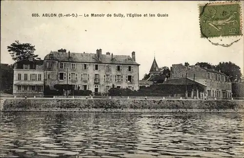 Ak Ablon Val de Marne, Le Manoir de Sully, l'Eglise et les Quais