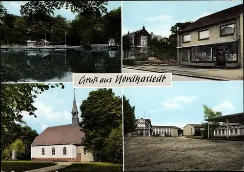 Ak Nordhastedt in Dithmarschen, Kirche, Wasserpartie, Wohnhaus mit Ladengeschäft