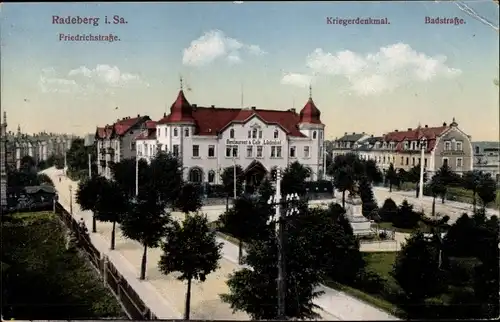 Ak Radeberg in Sachsen, Friedrichstraße, Kriegerdenkmal, Badstraße