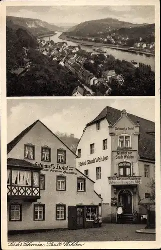 Ak Wehlen an der Elbe Sachsen, Schmucks Hotel und Gasthof, Basteiweg, Panorama vom Ort