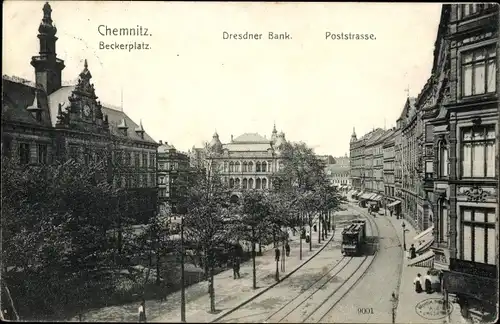 Ak Chemnitz in Sachsen, Dresdner Bank, Poststraße, Beckerplatz, Straßenbahn