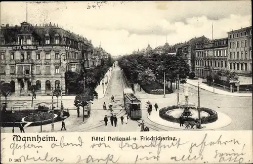Ak Mannheim in Baden Württemberg, Hotel National, Friedrichsring, Straßenbahn