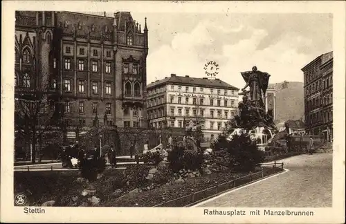 Ak Szczecin Stettin Pommern, Rathausplatz, Manzelbrunnen