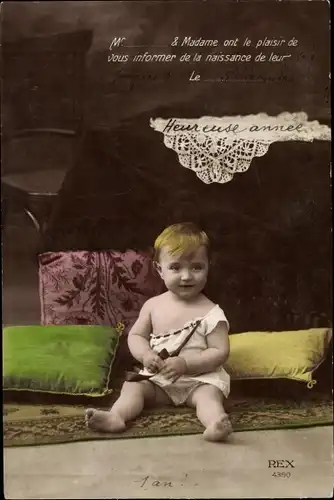 Ak Geburtsanzeige, Kleinkind mit Pfeife