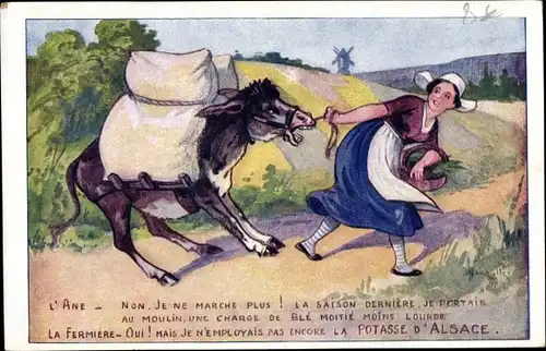 Künstler Ak Potasse d'Alsace, Frau in elsässer Tracht mit Esel
