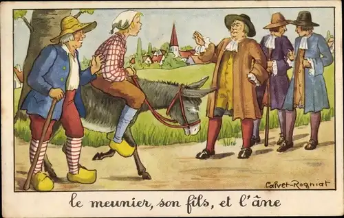 Künstler Ak Calvet Rogniat, Le Meunier, sons fils et l'ane, Märchen, J. de la Fontaine