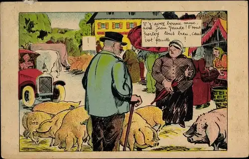 Künstler Ak Schweine auf einem Marktplatz