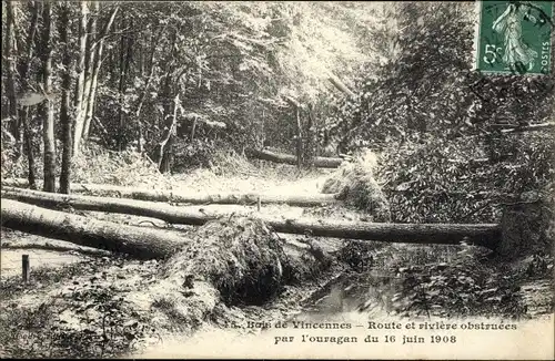 Ak Vincennes Val de Marne, Route et riviere obstruces par l'ouragan du 16 juin 1908