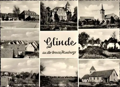 Ak Glinde in Schleswig Holstein, Schloss, Heereszeugamt, Oher Weg, Kirche, Krupp Siedlung