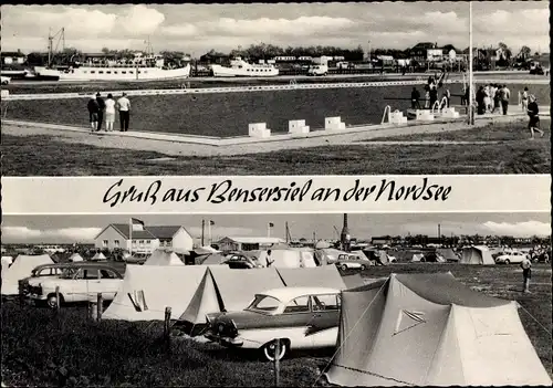 Ak Bensersiel Esens in Niedersachsen, Blick zur Fähre, Zeltplatz, Autos