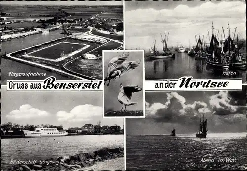 Ak Nordseebad Bensersiel Esens, Bäderschiff Langeoog III., Abend im Watt, Möwen, Hafen, Luftbild