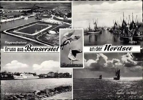 Ak Nordseebad Bensersiel Esens, Bäderschiff Langeoog III., Abend im Watt, Möwen, Hafen, Luftbild