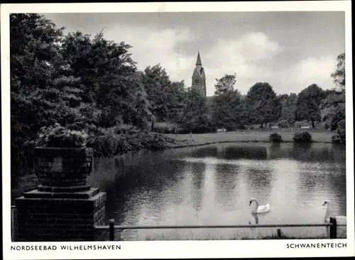 Ak Wilhelmshaven in Niedersachsen, Blick auf den Schwanenteich, Kirchturm