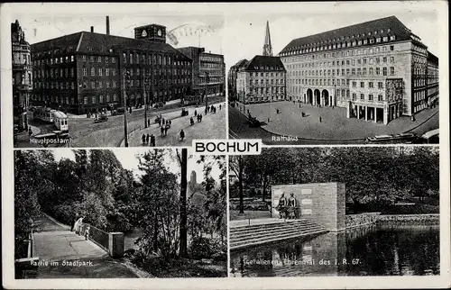 Ak Bochum im Ruhrgebiet, Hauptpostamt, Rathaus, Stadtpark, Gefallenenehrenmal