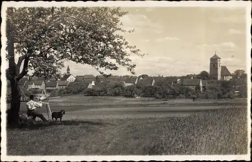 Foto Ak Belgern Schildau in Sachsen, Maler mit Staffelei, Hund, Stadtansicht