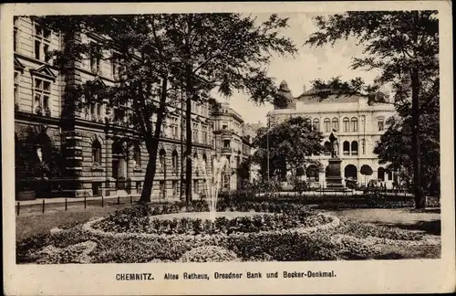 Ak Chemnitz in Sachsen, Altes Rathaus, Dresdner Bank, Becker Denkmal