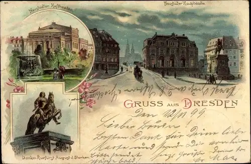 Mondschein Litho Dresden Neustadt, Hauptwache, Hoftheater, Kurfürst August der Starke Denkmal