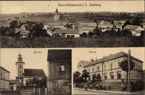 Ak Großerkmannsdorf Radeberg Sachsen, Kirche, Schule, Totalansicht der Ortschaft