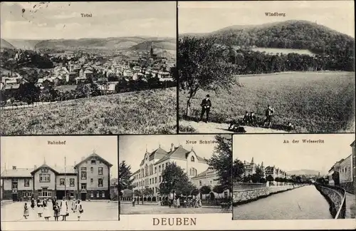 Ak Deuben Freital in Sachsen, Windberg, Weißeritz, neue Schule, Bahnhof, Totalansicht