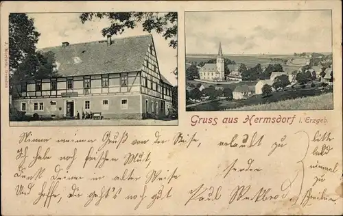 Ak Hermsdorf im Osterzgebirge, Blick auf den Ort, Gasthaus