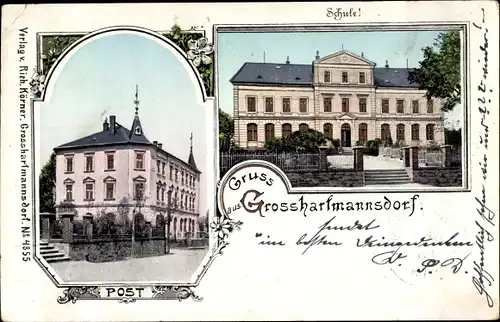 Leuchtfenster Ak Großhartmannsdorf im Erzgebirge, Schule, Post