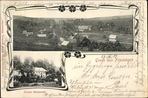 Jugendstil Passepartout Ak Friedebach Sayda im Erzgebirge, Blick auf den Ort, Brauns Restaurant